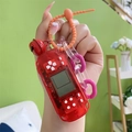 Mini handheld Tetris game keychain in translucent red with colorful chain link - Red