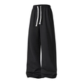 Men's loose black straight-leg sweatpants with elastic drawstring waist and wide fit - Black