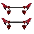 Gothic nipple shields with red heart gemstones and black bat wings design detail - Nipple Barbell