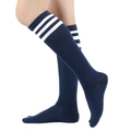Navy blue knee-high socks with three white stripes for a classic athletic sport style - One Size / Black Navy with White Stripes