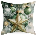 Green Christmas ornament pattern linen pillow cover with watercolor star and pine needles - YMD15-22 (Gold Star Ornament)