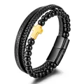 Men's multilayer black leather bracelet with beaded strand and golden cross charm - Black Glass Beads + Gold Cross
