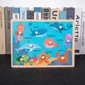 Educational wooden peg puzzle featuring marine animals like sharks and sea turtles - A013 Ocean Animals Recognition