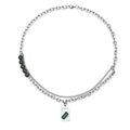 Double-layered stainless steel necklace with green beads and rectangular gemstone - 50cm Chain Length / Silver Necklace