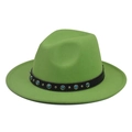 Detail of green wool fedora hat featuring a black band with turquoise beads and silver studs - Fluorescent Green