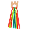 Natural beech wood elephant teether toy featuring colorful red, green and blue ribbons - Elephant