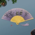 Chinese bamboo folding fan with lavender silk fabric and panda bamboo pattern - Light Purple Panda Pattern (Style 78)