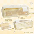 Pale yellow large capacity pencil case with three pockets and a clear PVC window - Beige/Transparent Window