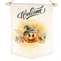 Halloween burlap hanging banner with Welcome text, pumpkin motif, and wooden dowel - Halloween Pumpkin