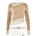 Close-up of slim fit top with lace patchwork details and diagonal seams on khaki fabric - S / Khaki
