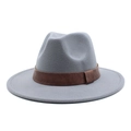 Detail of grey wool fedora hat featuring a brown leather decorative band and flat brim - M (56-58cm) / Light Gray