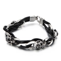Bracciale punk da uomo in pelle nera intrecciata con ciondoli a teschio in acciaio inox - 20cm