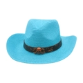 Sombrero vaquero de paja tejida turquesa con adorno de calavera de pirata vintage - Azul lago