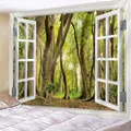 Makro-Detail eines 3D-Wald-Wandteppichs mit Fensterblick über einem Kopfteil - 150x130cm / 3D Falsches Fenster Waldschatten