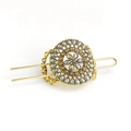 Detail of vintage gold hairpin featuring rainbow rhinestones and elegant hollow floral pattern - Multicolor Rhinestone Antique Gold