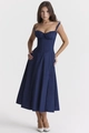 Detail of the elegant navy blue midi slip dress with a corset-style pleated bodice - S / Tops / Navy Blue