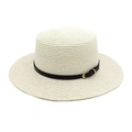 Detailed weave of cream flat top straw hat with black leather band and gold metal buckle - M (56-58cm) / Cream