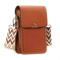 Mini crossbody phone bag in dark caramel brown faux leather with golden leaf buckle - Brown (Black Edge)