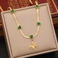 Collana a farfalla dorata con ciondolo a cuore di zircone smeraldo su catena piatta - 1# Collana (N1056)