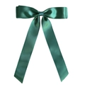 Detailed view of dark green satin bow hair clip with elegant long ribbon tails - Dark Green
