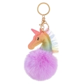 Close-up of rainbow unicorn plush charm with purple fur ball and golden metal clip - Purple Lace Unicorn