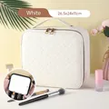 White quilted PU leather makeup case with LED mirror and handle, 26.5x24x11cm size - Diamond Pattern Pearl White With Mirror (26.5X24X11)