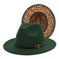 Detail of dark green fedora hat featuring gold buckle and stylish leopard print lining - M (56-58cm) / Dark Green
