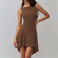 Detail of coffee brown sleeveless dress with slim fit and asymmetric hemline - S / Coffee
