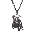 Hip-hop style reaper scythe skull necklace with black finish and hollowed-out design - Black with Curb Chain