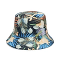 Black tropical floral bucket hat with blue orchids and palm leaf print for women - Black Base Orchid and Palm Leaf Print (Y)