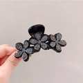 Elegante molletta per capelli nera con tre fiori incastonati di cristalli per donna - Fiore Nero + Strass Nero Lucido