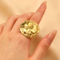 Exaggerated large round gold ring with irregular liquid metal texture on hand - Liquid Metal Disc (DZ-431)