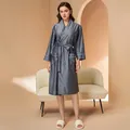 Deep grey mid-length silk bathrobe with white piping, shawl collar, and three-quarter sleeves - M / Female Style / Light Gray