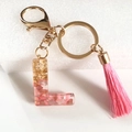 Pink and gold glitter letter L resin keychain with stylish leather tassel and gold ring - Letter L