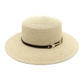 Chapeau canotier en paille avec ceinture en cuir noir et large bord pour protection solaire plage - Beige