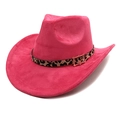Detail of rose red faux suede cowboy hat featuring leopard print belt and gold buckle - Rose Red / M (56-58cm)