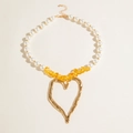Faux pearl and yellow stone necklace with a large hammered gold heart pendant - Gold (Pearl Yellow Stone Heart)