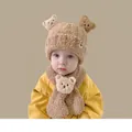 Brown infant winter knit hat and scarf set with cute bear ears and plush teddy fabric - Set Of Three Teddy Bears Khaki Color (for Children Aged 2 Months To 2 Years)