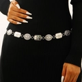 Silver Bohemian metal chain belt with engraved heart fringe on black knit dress - Vintage Embossed Medal Style (10816)