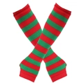 Detail of red and green striped knit arm warmers with thumb holes on white background - One Size / Red & Green Wide Stripes