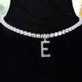 Silver choker necklace with square cubic zirconia chain and letter E pendant detail - Letter E [Silver]