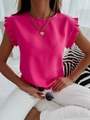 Detail der rosaroten ärmellosen Bluse mit Rüschenärmeln und rundem Halsausschnitt - S / Rosarot