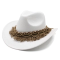 White felt cowboy hat with bohemian tassel band and gold chain detail on white background - M (56-58cm) / White