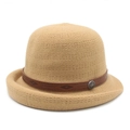 Elegant khaki woven bowler hat with vintage leather band and decorative metal badge for women - M (56-58cm) / Camel