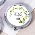 Silver compact makeup mirror with Happy Birthday floral design and cake icon - Yellow Birthday Wishes