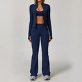 Completo yoga 3 pezzi blu scuro con giacca, reggiseno sportivo e leggings a zampa - Taglia S / Top E Pantaloni / Set da 3 pezzi (con pantaloni a campana) / Blu Navy