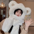 White plush 3-in-1 hooded scarf with bear ears and M-letter embroidery for winter - M Bear Ear 3-piece Set / Apricot