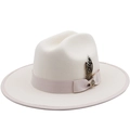 Classic beige wool fedora hat with a pink grosgrain ribbon and decorative side feather - M (56-58cm) / Beige (01)