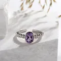 Detailed view of natural amethyst silver ring with ornate beaded band and zircon accents - Textured Band Open Ring (LR263)