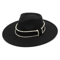 Elegante cappello fedora in lana nera a tesa larga con doppia fascia di perle - Nero